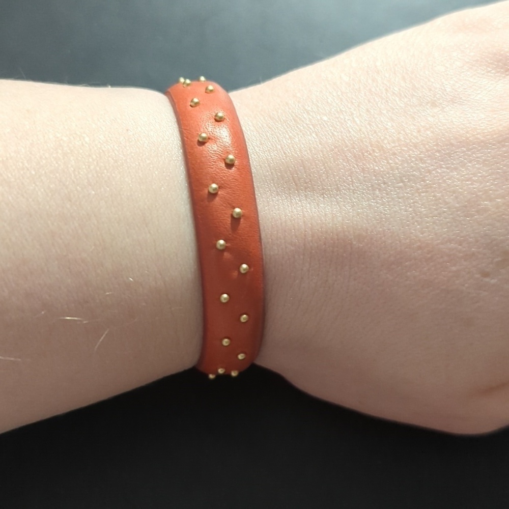 Linea Pelle Collection Gold Tone Brown Leather Studded Statement Bracelet